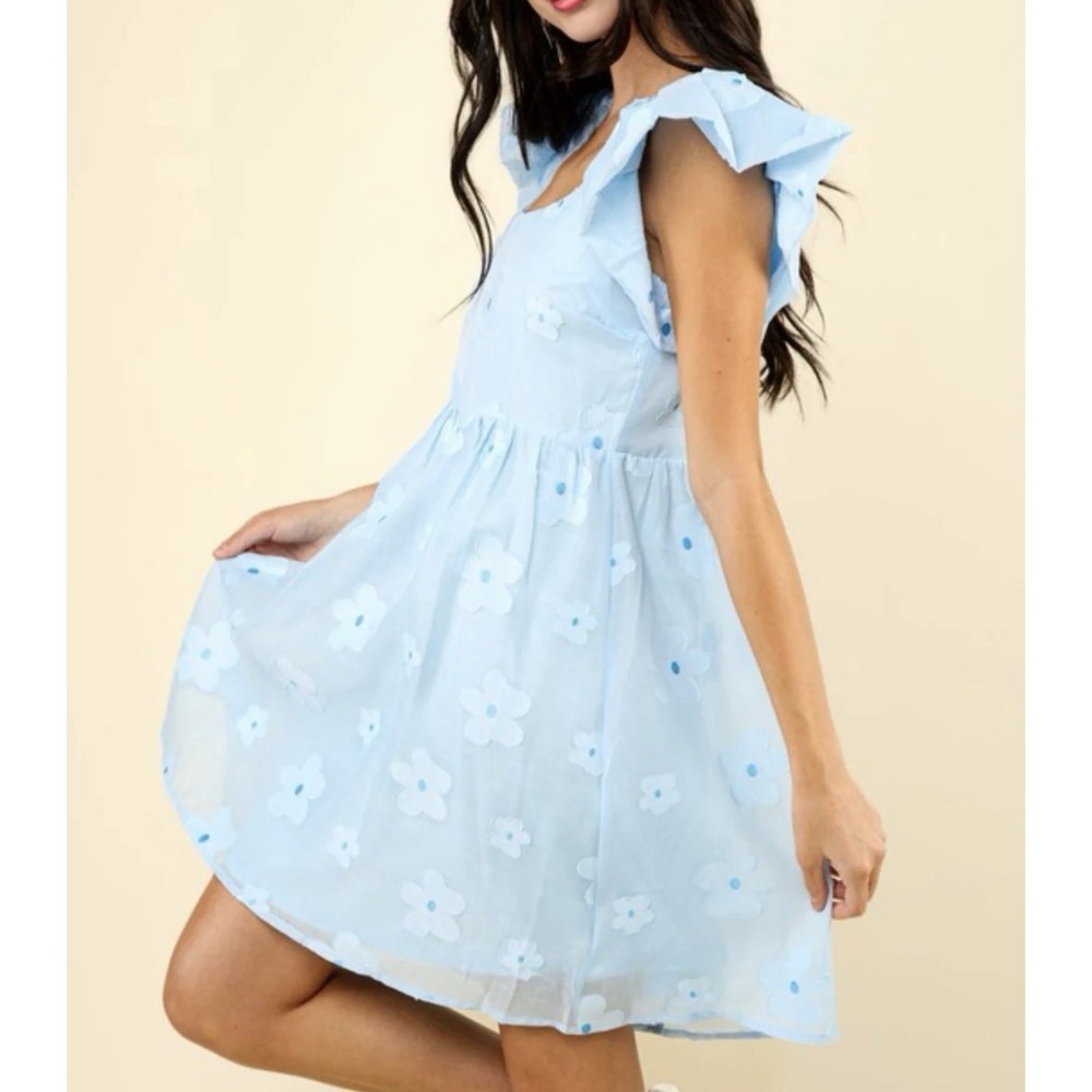 Pastel Blue Daisy Flower Mesh‎ Baby Doll Dress Whimsical Coquette Ruffle L